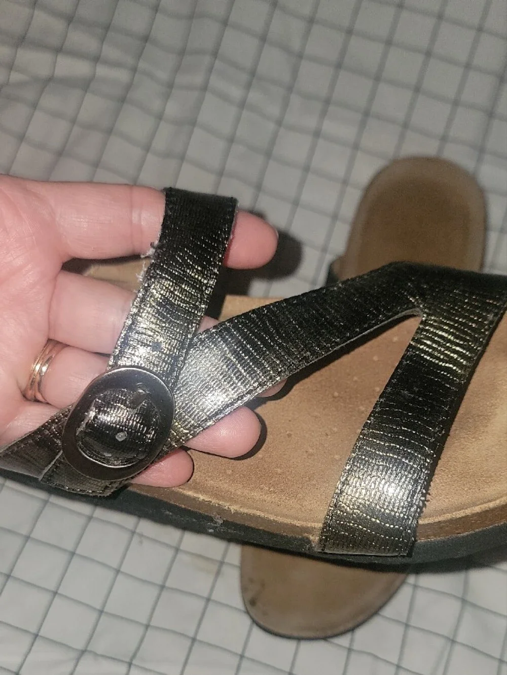 Taos Footwear Metallic Black Strappy Slide Sandals